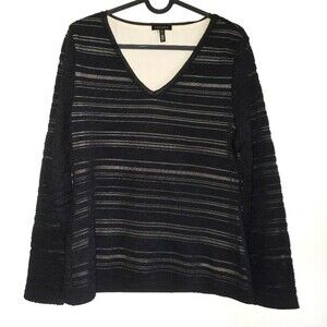 Escada Black Semi Sheer Silk V Neck Lined Long Sleeve Knit Top Size Large